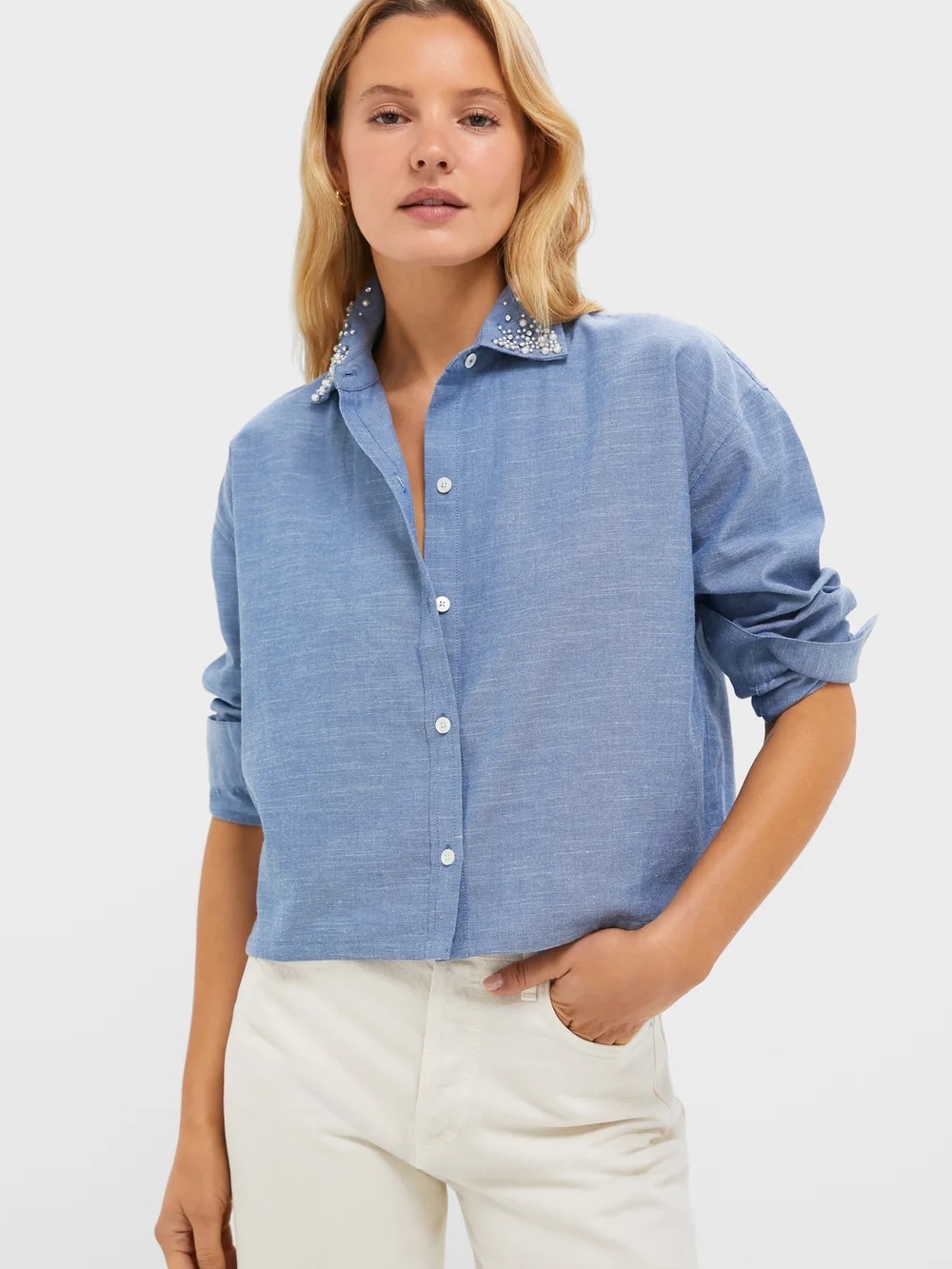 Tuckernuck Chambray Denim Embellished Cropped Jasper Button Down